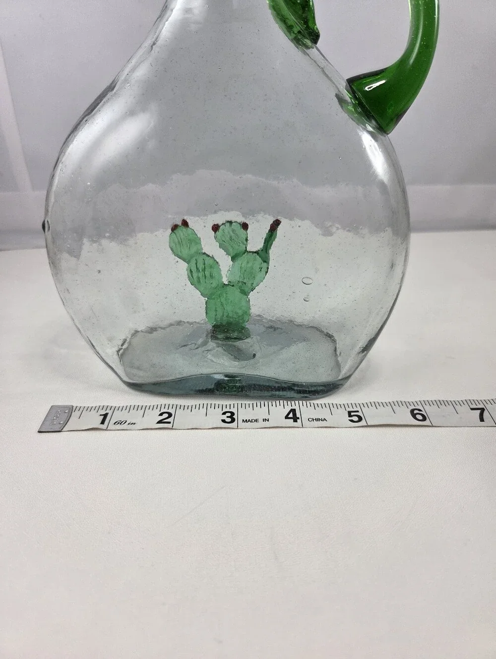 Vintage Mexican Hand-Blown Glass Decanter, Green Cactus Inside Tequila Pitcher